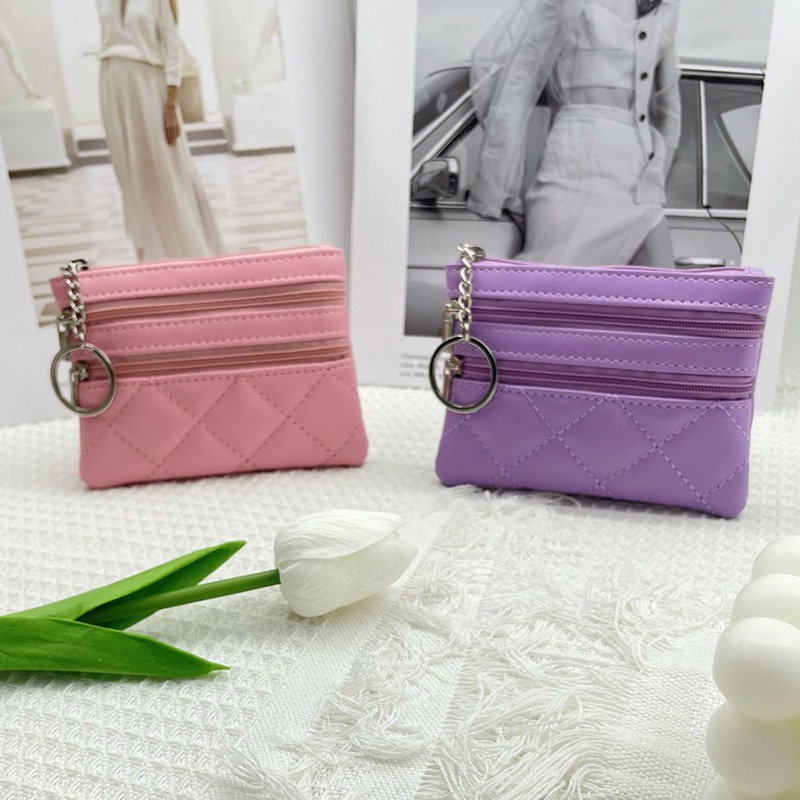 Ví Đựng Tiền Xu Nhiều Ngăn Siêu Mỏng Thêu Họa Tiết Hình Thoi Phong Cách Vintage