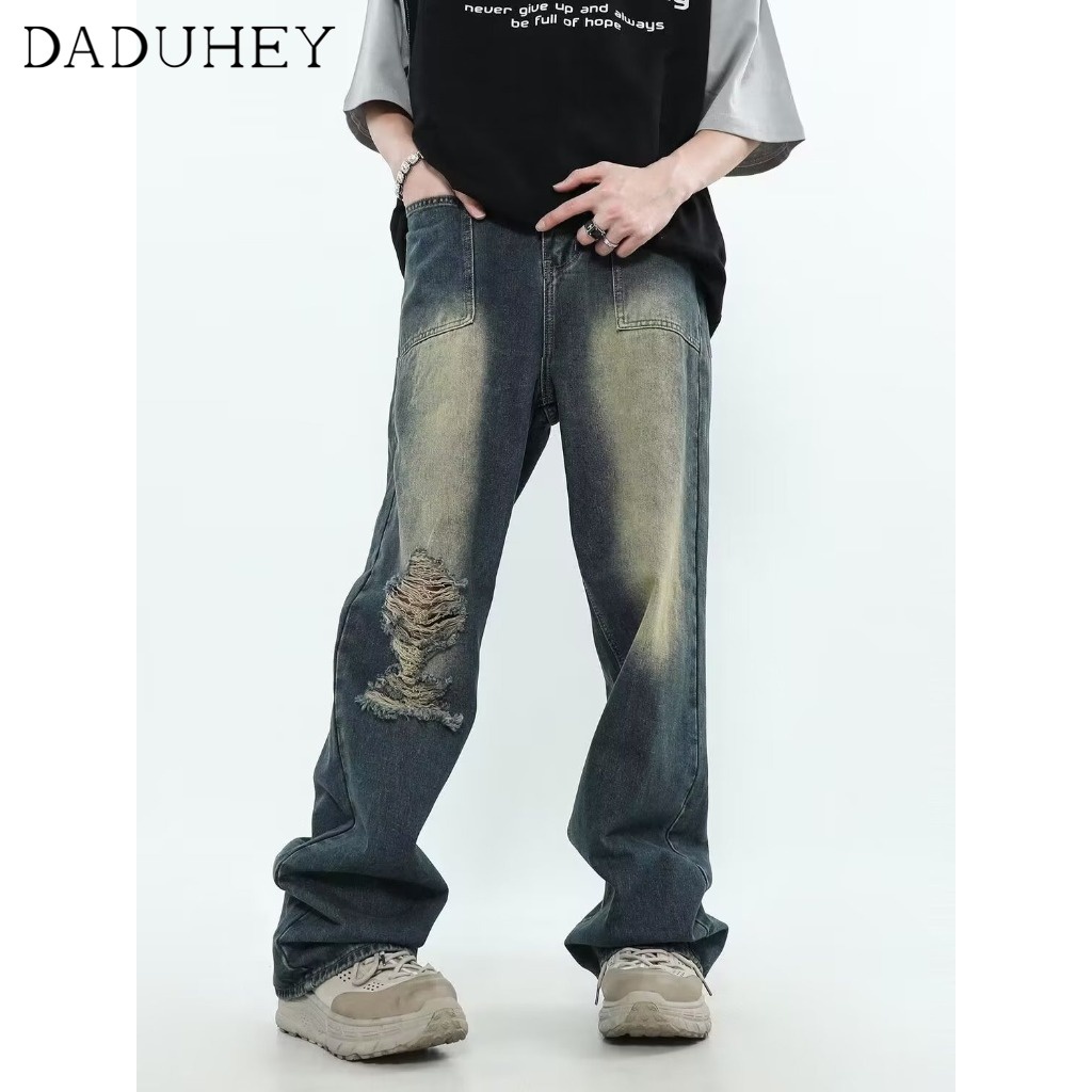 DaDuHey New American Ins High Street Retro Ripped Jeans Niche High Waist Wide Leg Pants Large Size Trousers