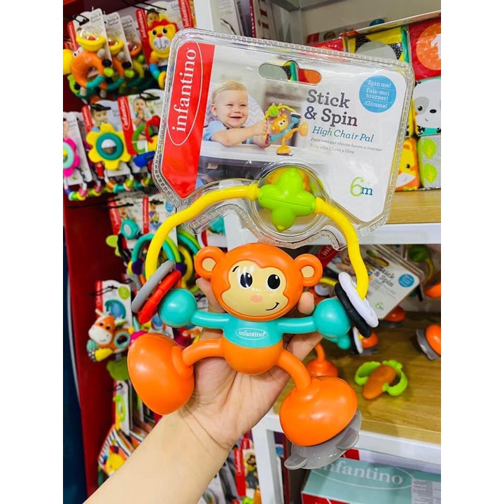 Đồ chơi hình khỉ cho bé INFANTINO Stick &amp; Spin High Chair Pal, đồ chơi có đế dính an toàn cho trẻ