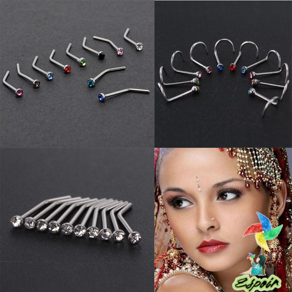 ESPO Set 10 Khuyên Mũi Thép Không Gỉ Đính Đá Pha Lê Thời Trang