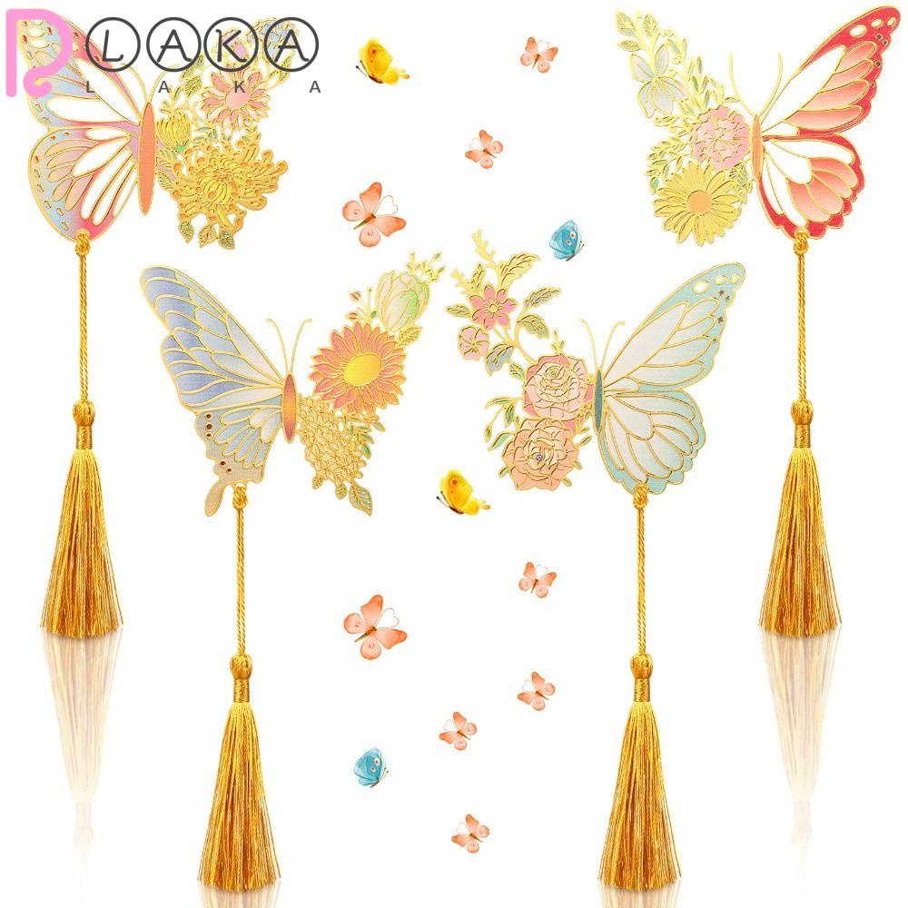 LAKAMIER Set 4 Thẻ Đánh Dấu Trang Sách Bằng Kim Loại Hình Hoa Tua Rua