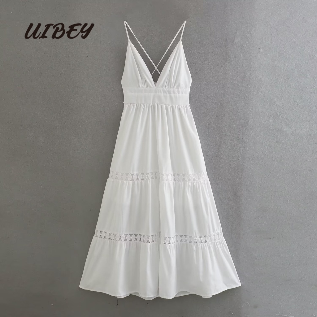 Uibey Đầm Cổ Chữ V Phối Ren Màu Sắc Đơn Giản 4138