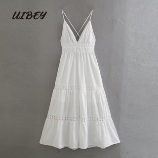 Uibey Đầm Cổ Chữ V Phối Ren Màu Sắc Đơn Giản 4138