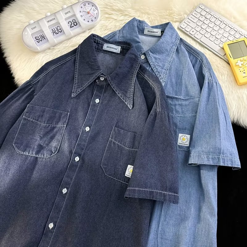 Áo Sơ Mi Denim Tay Ngắn Dáng Rộng Thời Trang Mùa Hè Cho Nam