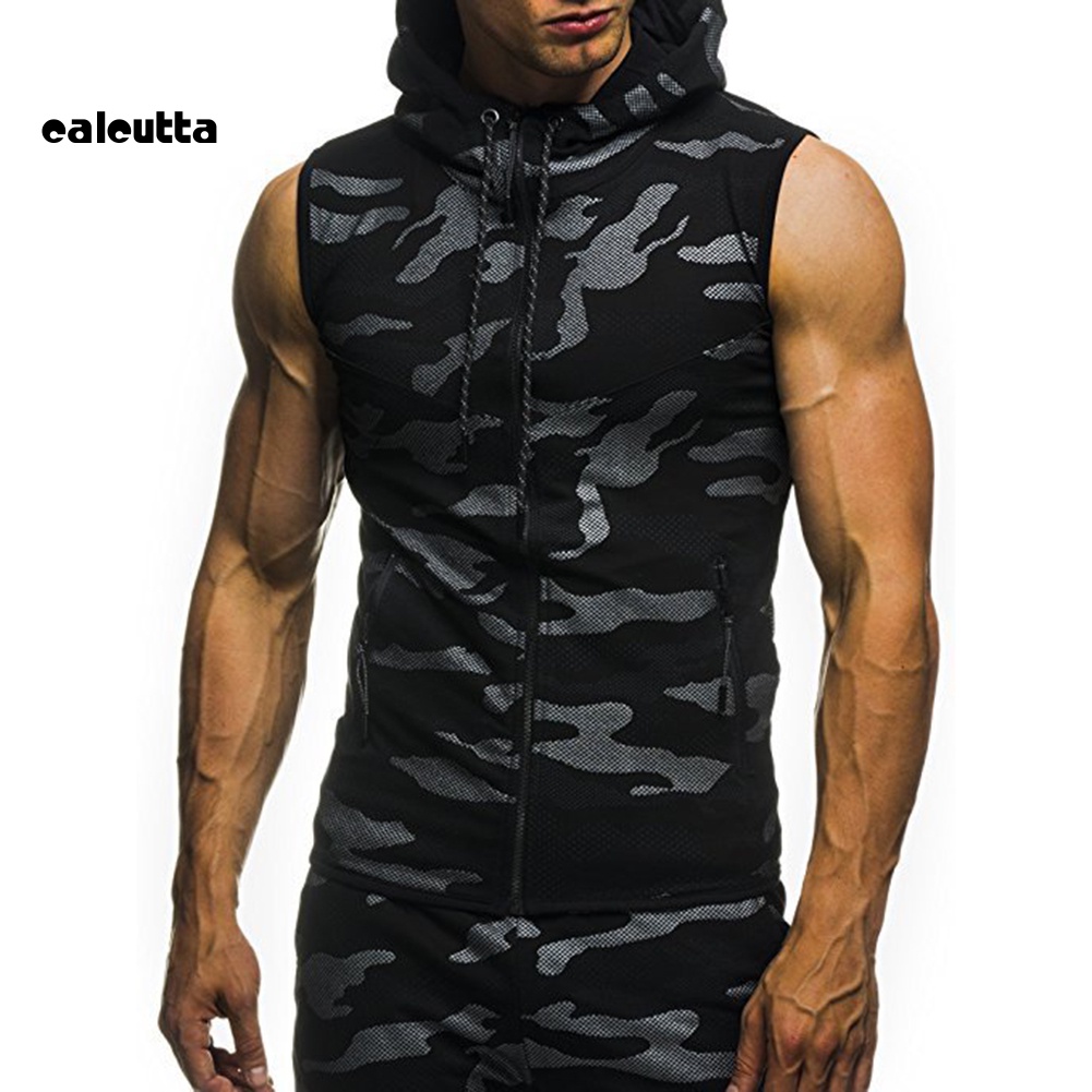 [calcutta] Áo Ba Lỗ Không Tay Có Mũ Trùm Đầu Và Dây Kéo Họa Tiết Rằn Ri Mùa Hè Cho Nam