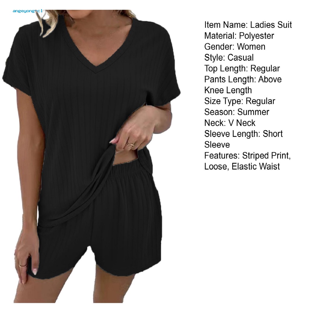 Bộ Đồ Ngủ 2 Món Áo Tay Ngắn Cổ Chữ V Phối Quần Short Lưng Thun Dáng Rộng Thời Trang Cho Bạn Gái