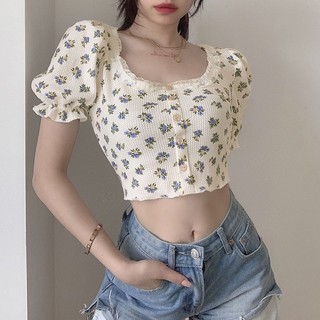 Áo Thun Ngắn Tay Phồng Hở Bụng Phong Cách Retro Mỹ Cho Nữ