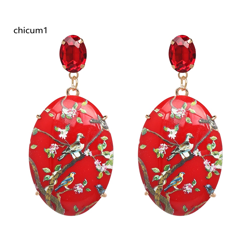 Khuyên Tai Hình Oval Họa Tiết Hoa Vẽ Tay Phong Cách Cổ Điển Cho Nữ