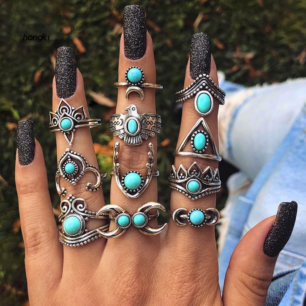 Set 11 / 13 / 15 NhẫN Đeo KhớP NgóN Tay BằNg HợP Kim ĐíNh Đá MàU Đen NhiềU KiểU DáNg