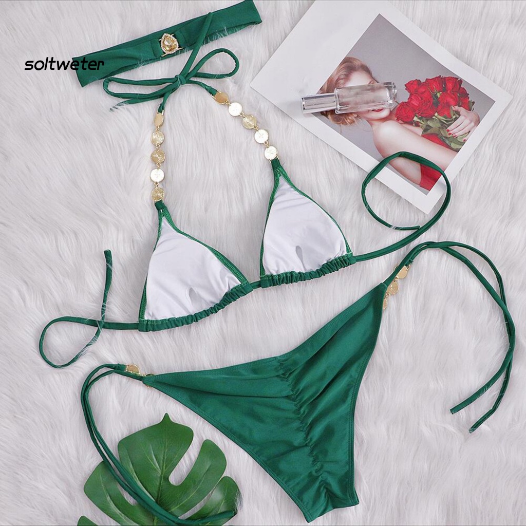 Bộ Đồ Bơi 2 Mảnh Màu Sắc Trơn Đính Đá Cổ Điển Tùy Chỉnh Thời Trang Quyến Rũ Cho Nữ