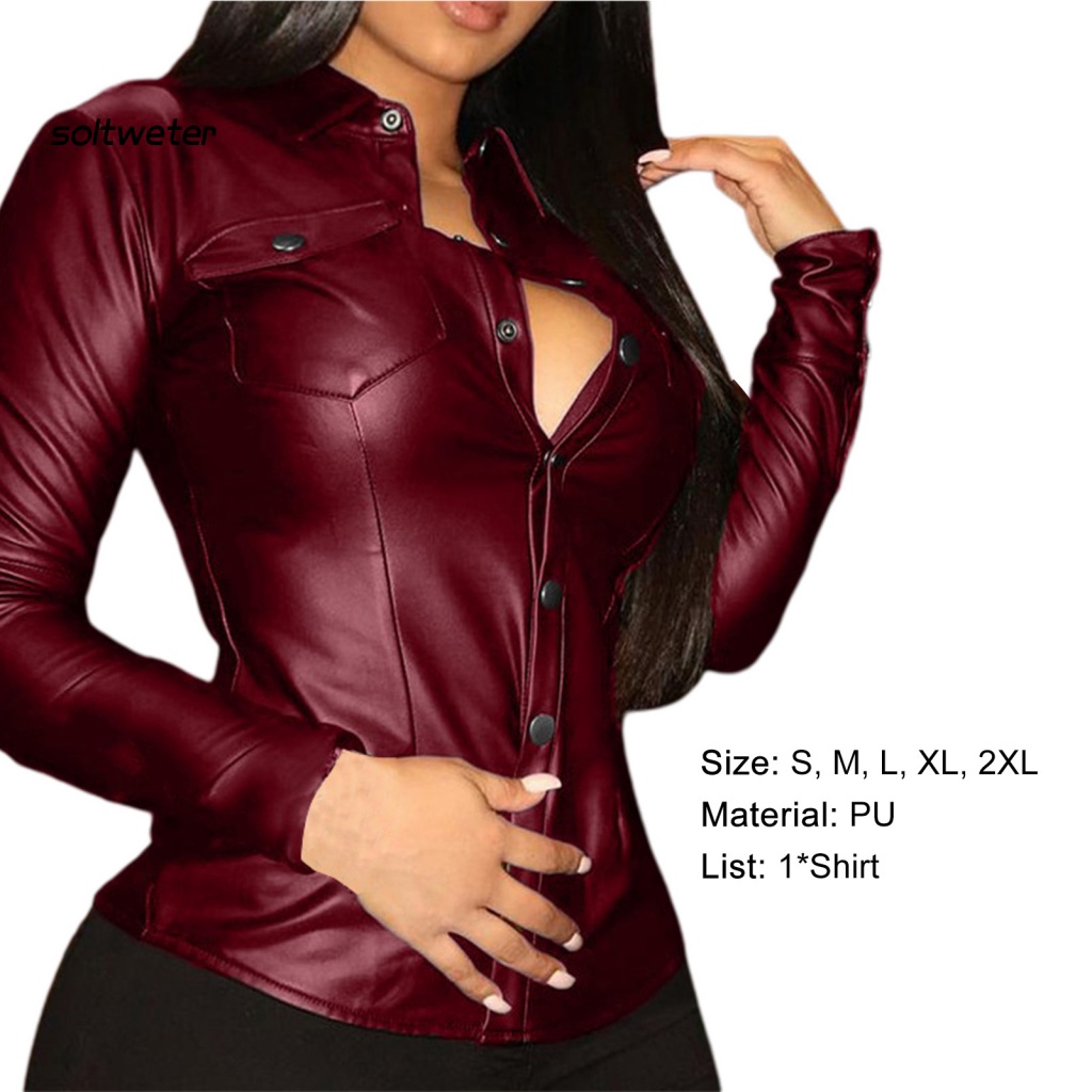 Áo Sơ Mi Giả Da Màu Trơn Dáng Ôm Cổ Chữ V Thời Trang Nữ Mặc Hàng Ngày