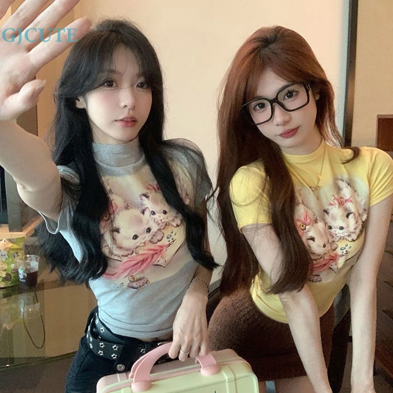 Áo Thun Croptop Tay Ngắn Cổ Lọ In Họa Tiết Mèo Dễ Thương Thời Trang Mùa Hè Cho Nữ