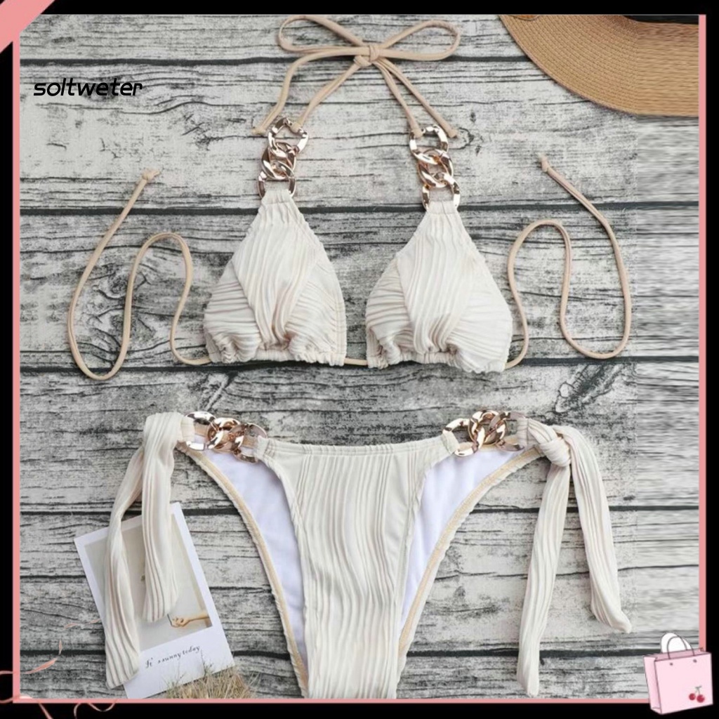 Bộ Bikini 2 Mảnh Tam Giác Lưng Cao Có Thể Điều Chỉnh Dây Xích Quyến Rũ Cho Nữ