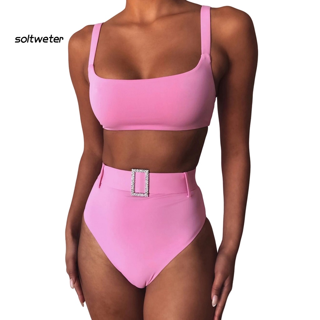 Bộ Đồ Bơi 2 Mảnh Không Tay Lưng Cao Màu Sắc Đơn Giản Cho Nữ