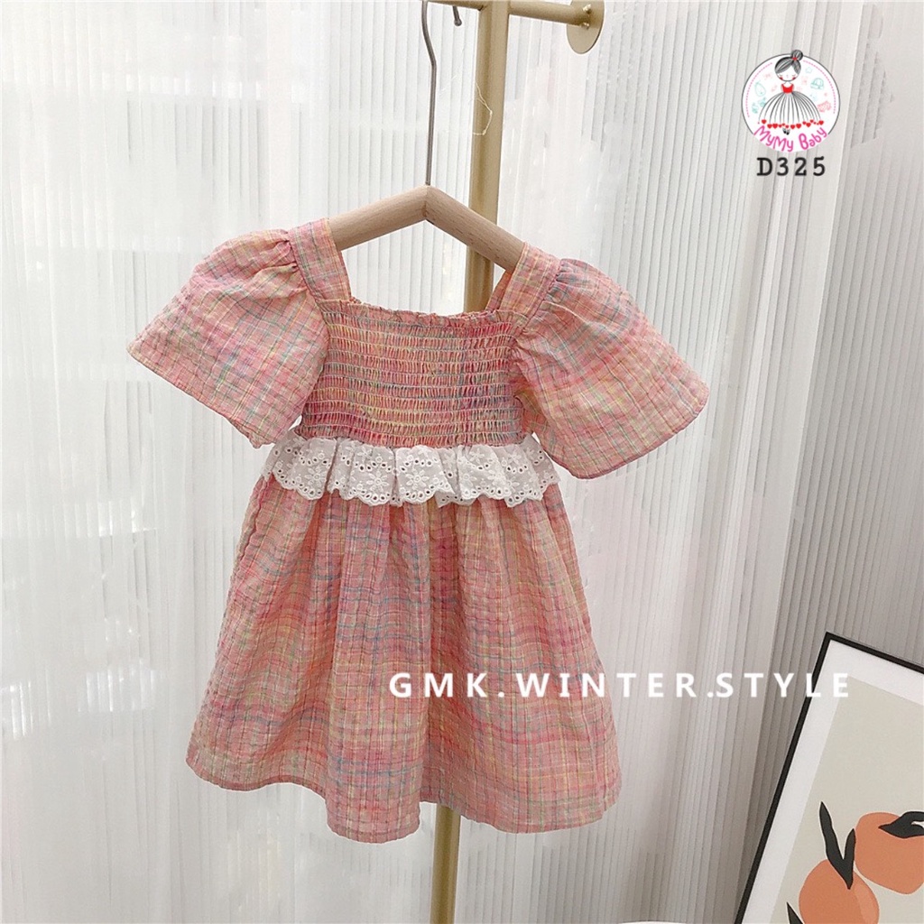 Đầm caro hồng bo chun phối ren giữa eo sành điệu