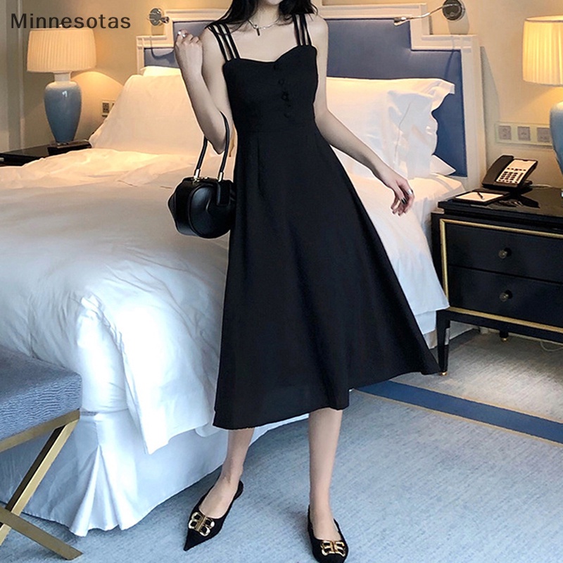 Đầm Hai Dây Dáng Chữ a Màu Trơn Hở Lưng Thời Trang Mùa Hè Hàn Quốc Quyến Rũ Cho Nữ