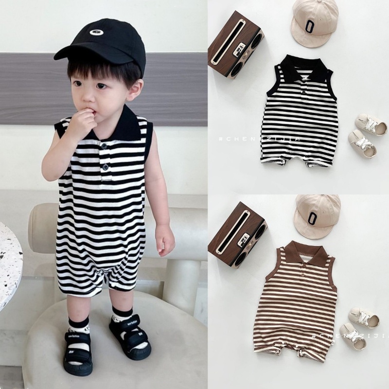 Bộ Áo Liền Quần Bằng Cotton Tay Ngắn Họa Tiết Kẻ Sọc Thời Trang Mùa Hè Dành Cho Bé Trai Gái 0-2 Tuổi