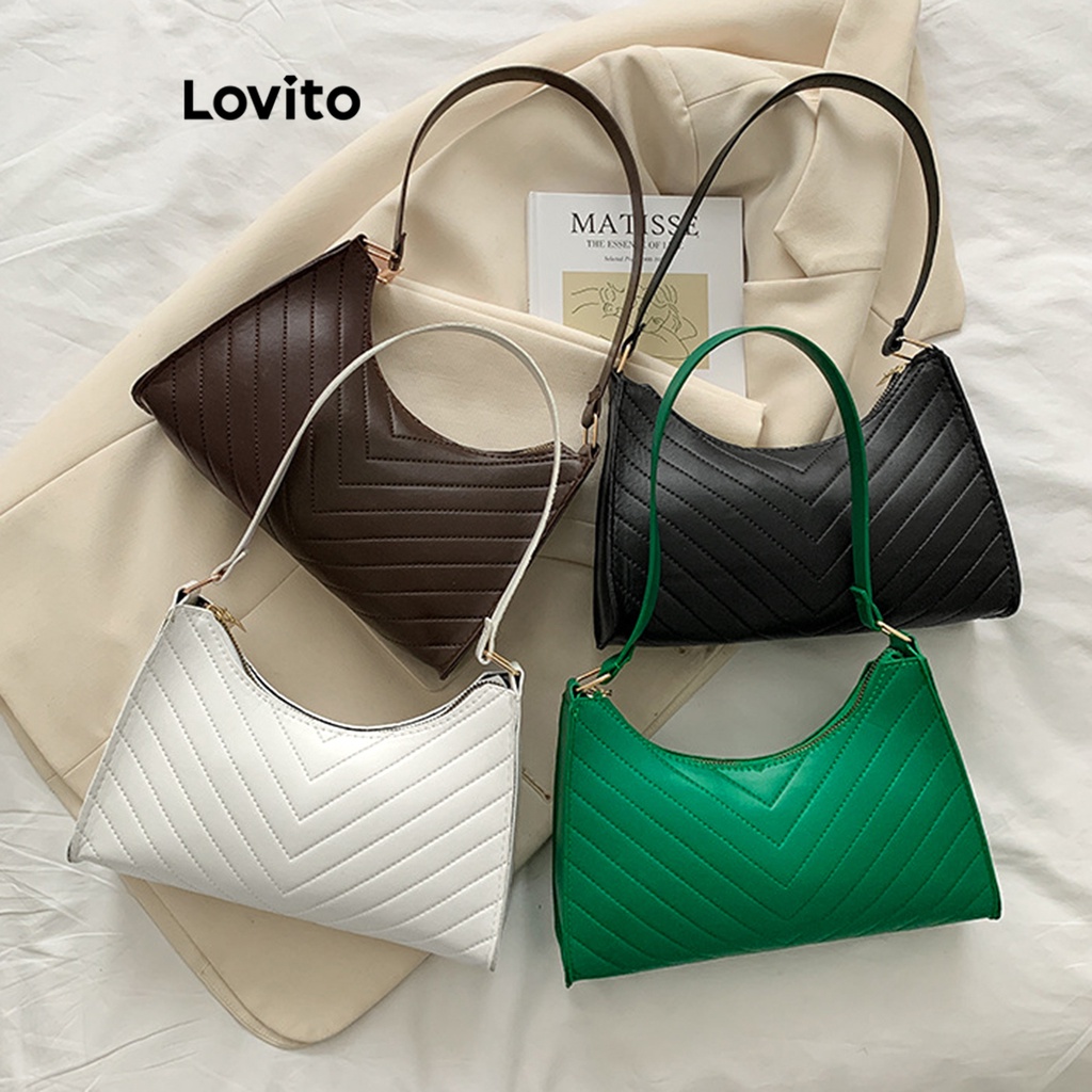 Lovito Túi đeo vai cỡ nhỏ có cấu trúc trơn thông thường Dây kéo kim loại dành cho nữ L57AD103 (Cà phê/Trắng/Xanh/Đen)
