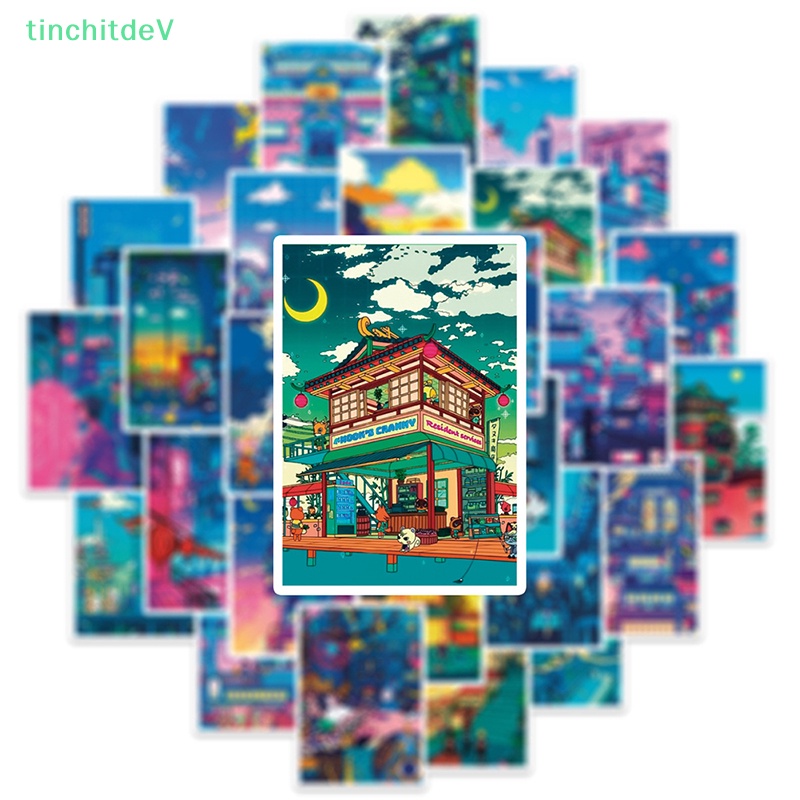 [TinchitdeV] Set 50 Miếng Dán Trang Trí Vali / Điện Thoại / Máy Tính Bảng Họa Tiết Phong Cảnh Đêm Graffiti DIY