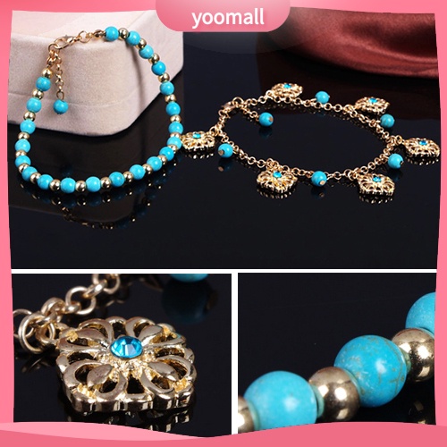 Lắc Chân Hai Lớp Đính Đá Ngọc Lam Hình Hoa Phong Cách Boho