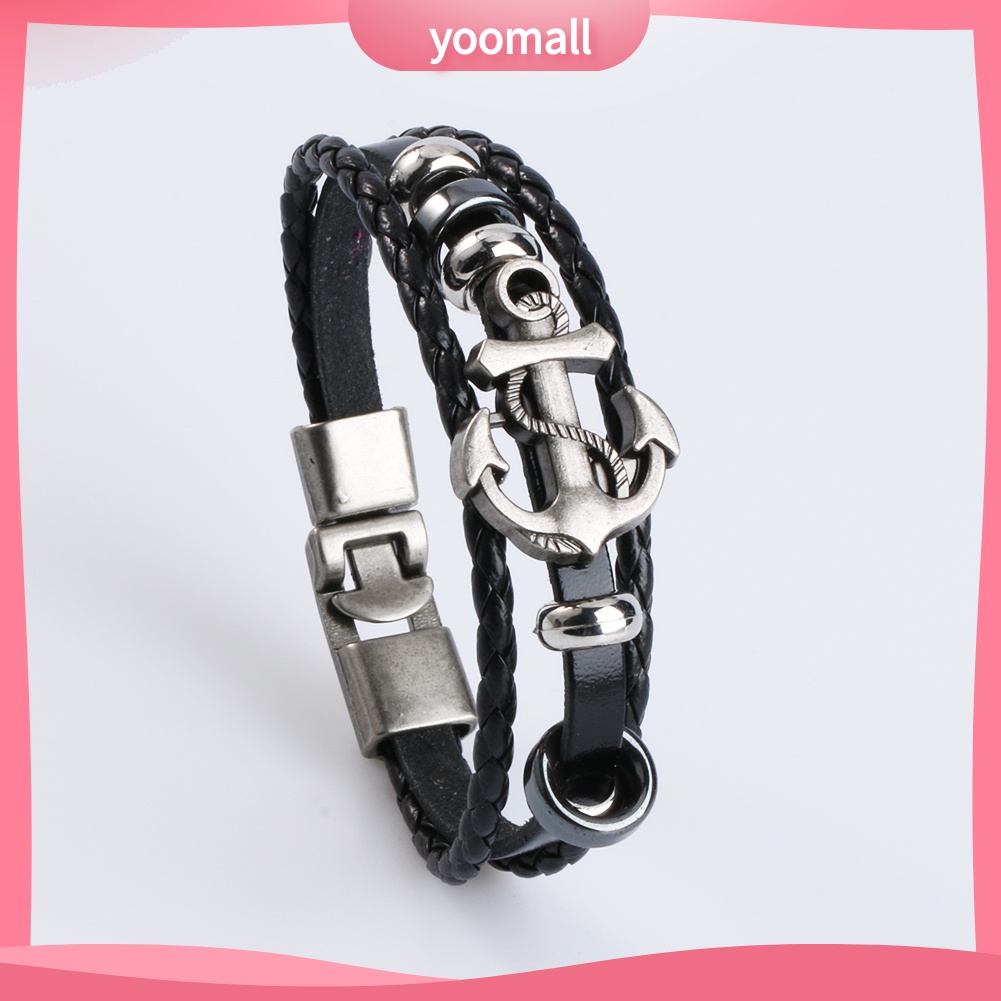 Vòng Tay Da Mặt Mỏ Neo Kim Loại Phong Cách Vintage Cho Nam