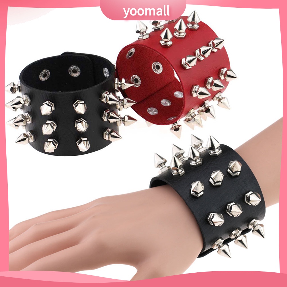 [YM] Vòng Tay Giả Da Đính Đinh Tán Mũi Nhọn Ba Đường Kẻ Bằng Thép Không Gỉ Punk