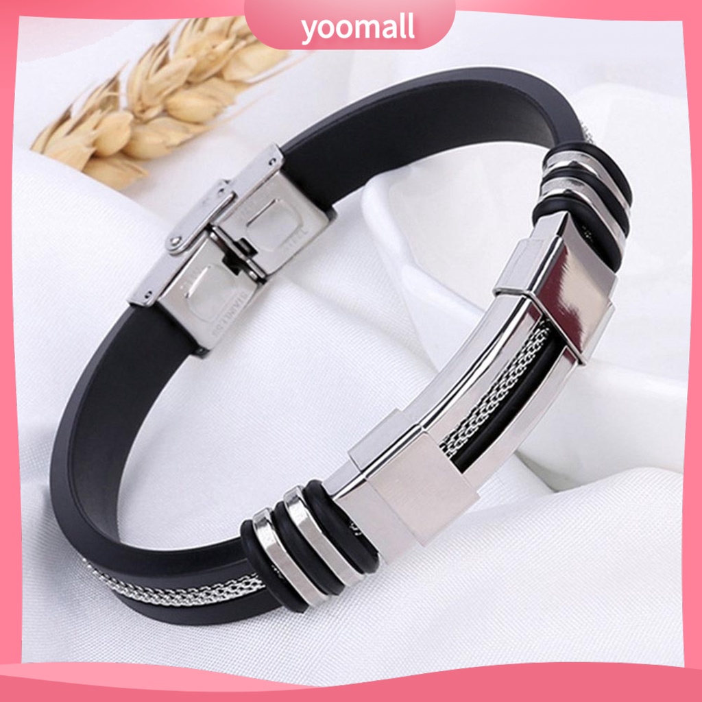 Vòng Tay Silicone Bản Rộng Bằng Thép Không Gỉ Cho Nam