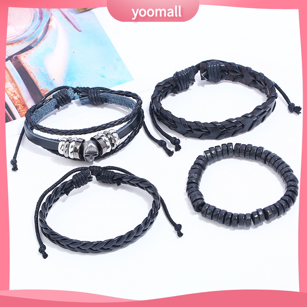 Set 4 Vòng Tay Bện Dây Mặt Đầu Lâu Phong Cách Vintage Cho Nam