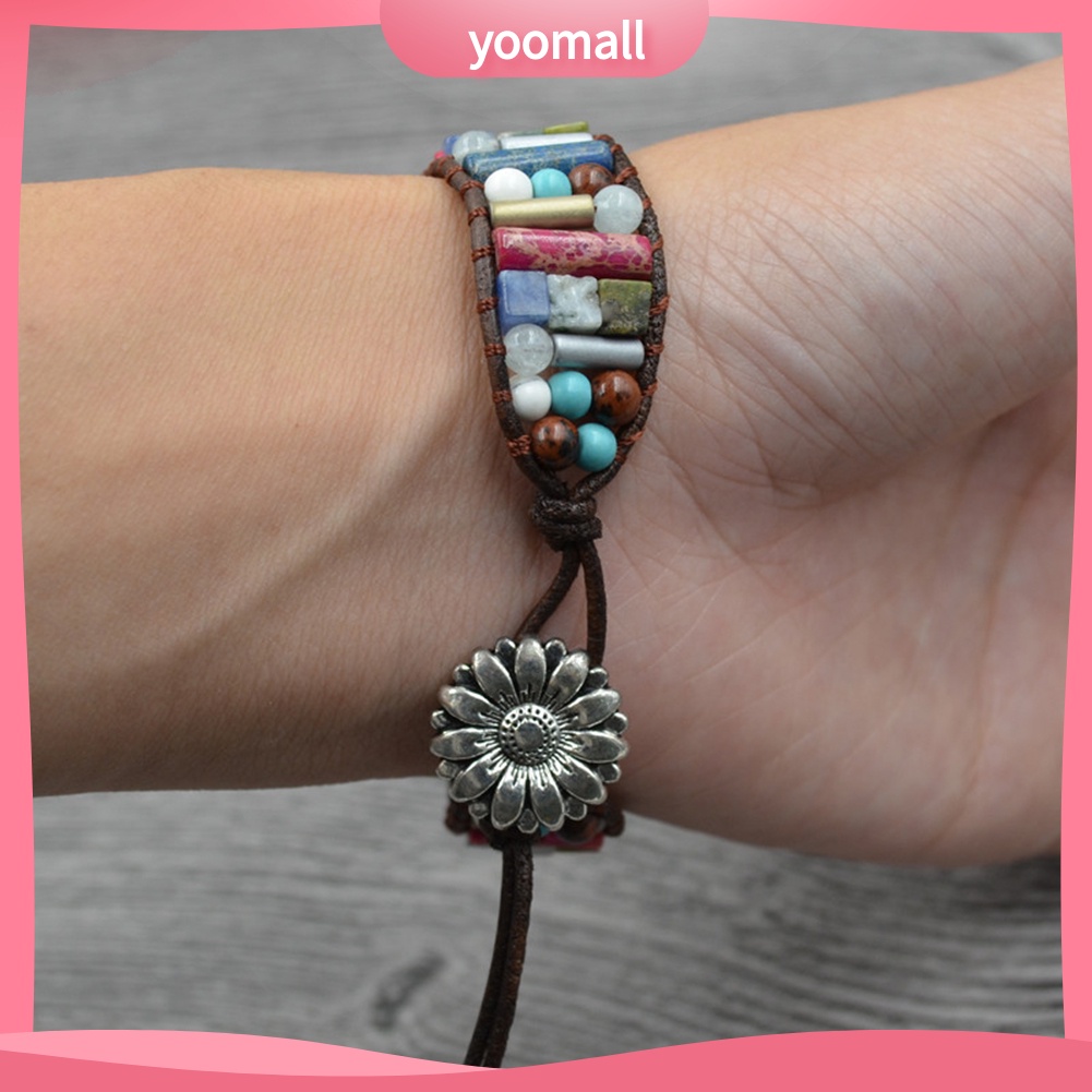 Vòng Tay Dây Da Giả Nhiều Lớp Đính Đá Quý Phong Cách Boho Cho Nữ