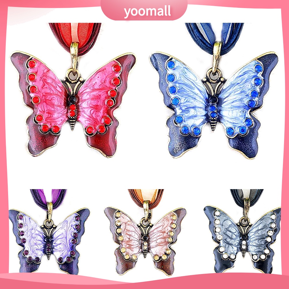 Vòng cổ Mặt Hình Bướm Tráng Men Đính Đá Phong Cách Vintage