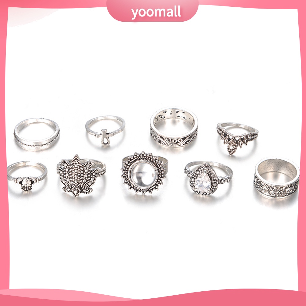Bộ 9 Nhẫn Đeo Đốt Ngón Tay Đính Đá Phong Cách Retro Cho Nữ