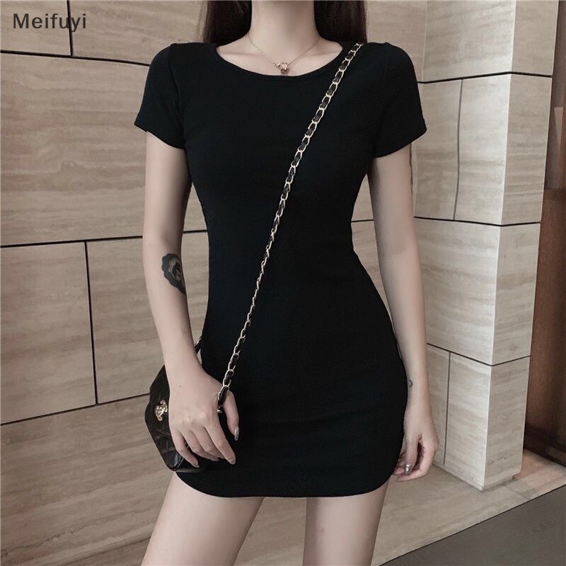 [Meifuyi] Women Basic Solid Color Dress Bodycon O-neck Casual Slim Summer Mini Dresses COD
