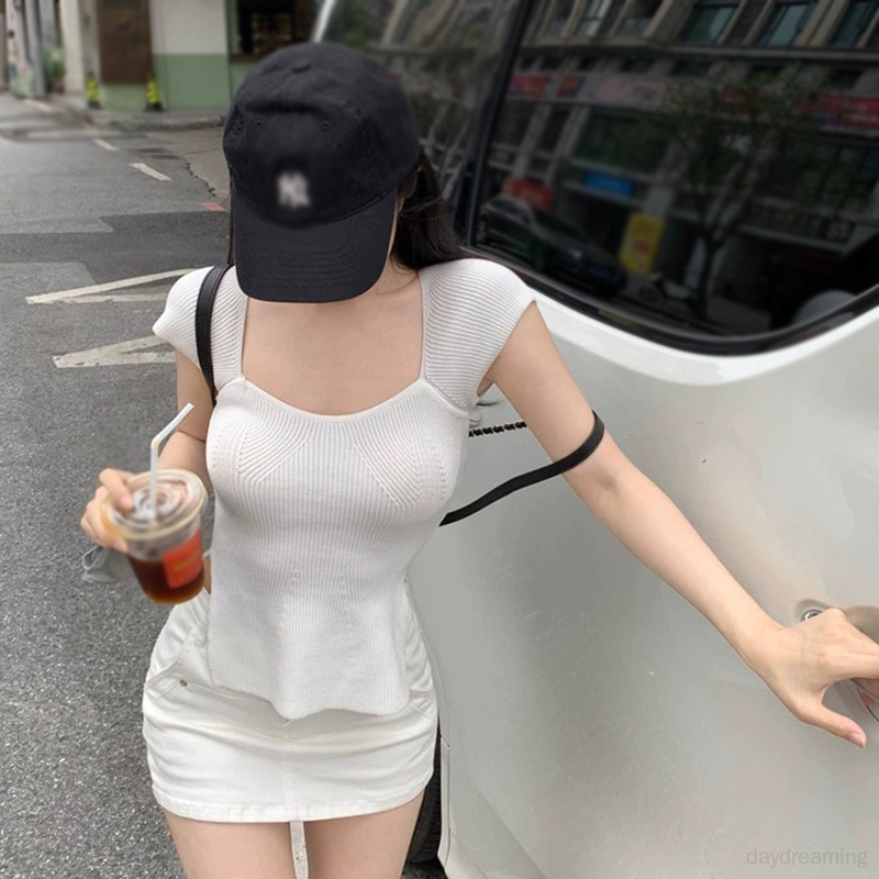 Áo Croptop Tay Ngắn Cổ Vuông Phong Cách Hàn Quốc Thời Trang Mùa Hè Cho Nữ