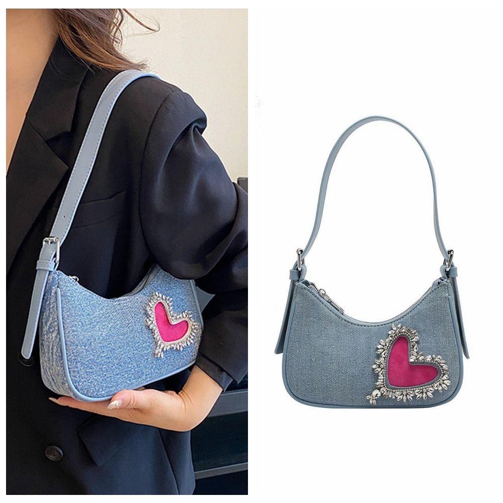 Túi Đeo Chéo Vai Bằng Vải Denim Lấp Lánh Phối Khóa Kéo Thời Trang