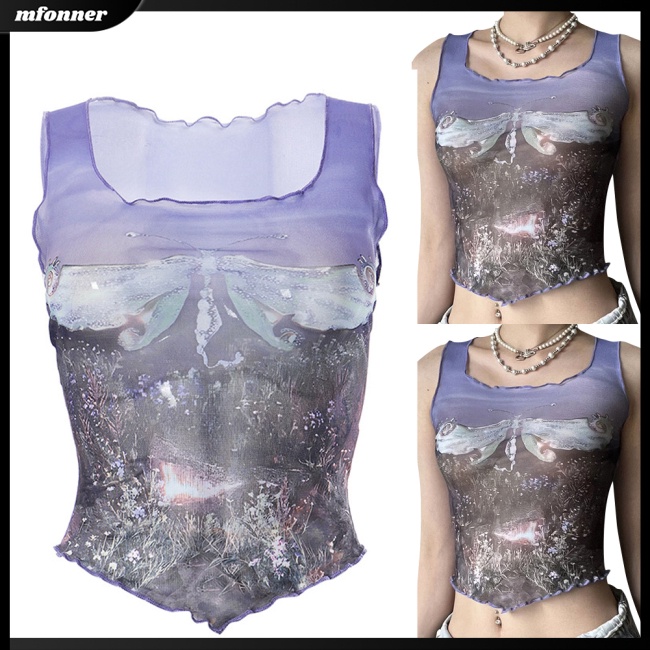 Áo Croptop Không Tay Phối Bèo Họa Tiết In Thời Trang Mùa Hè Cho Nữ