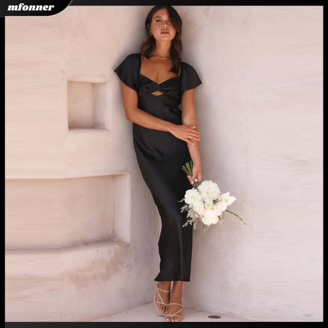 Đầm Midi Tay Ngắn Cổ Trái Tim Màu Sắc Thanh Lịch Dành Cho Nữ