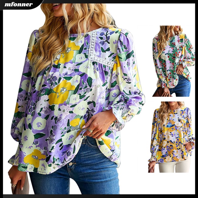 Áo Sơ Mi Tay Dài Dáng Rộng Cổ Tròn In Hoa Thiết Kế Thoáng Khí Thoải Mái Cho Nữ