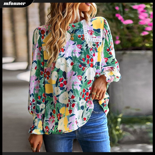 Áo Sơ Mi Tay Dài Dáng Rộng Cổ Tròn In Hoa Thiết Kế Thoáng Khí Thoải Mái Cho Nữ