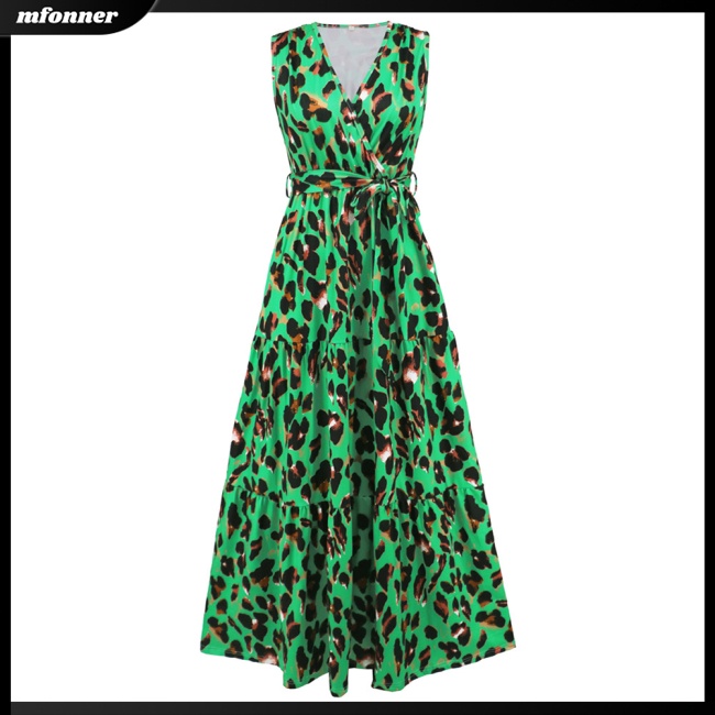 Đầm Maxi Dài Không Tay Cổ Chữ V Thoáng Khí In Họa Tiết Da Báo Quyến Rũ Cho Nữ