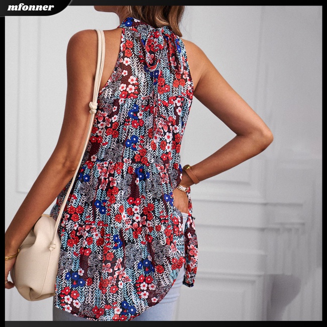 Áo Sơ Mi Không Tay Cổ Giả In Họa Tiết Thời Trang Thoáng Khí Cho Nữ