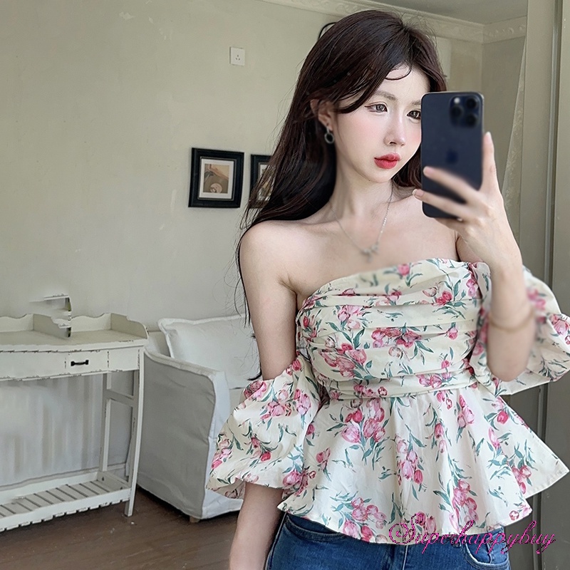 Áo Kiểu Trễ Vai Tay Phồng Ngắn In Họa Tiết Hoa Thời Trang Mùa Hè Xinh Xắn Cho Nữ