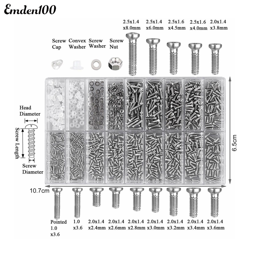 Hộp 1000 Ốc Vít 18 Loại Khác Nhau Bằng Thép Không Gỉ Dùng Để Sửa Chữa Mắt Kính