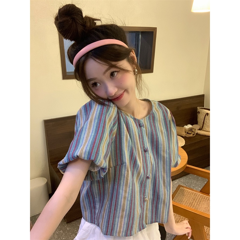 Áo Sơ Mi Tay Ngắn Phồng Cổ Tròn Họa Tiết Kẻ Sọc Thời Trang Mùa Hè Cho Nữ