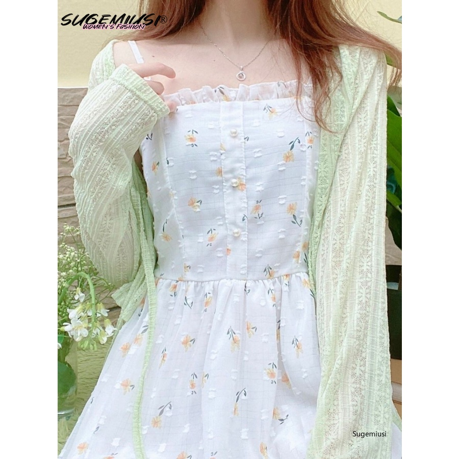Sugemiusi Đầm Hoa Hai Dây Dáng Dài Eo Hẹp Hẹp Eo Hẹp Hình Quả Lê Phong Cách Mori Mùa Hè