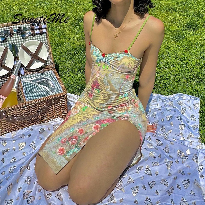 Đầm Dài Dáng Ôm Hở Lưng Xẻ Tà In Họa Tiết Thời Trang 2023 Quyến Rũ Cho Nữ