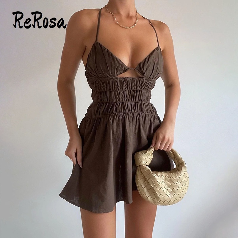 Rerosa Đầm Mini Hai Dây Cổ Khoét Sâu Xếp Ly Màu Trơn Mẫu Mới 2023 Phong Cách Retro Cho Nữ