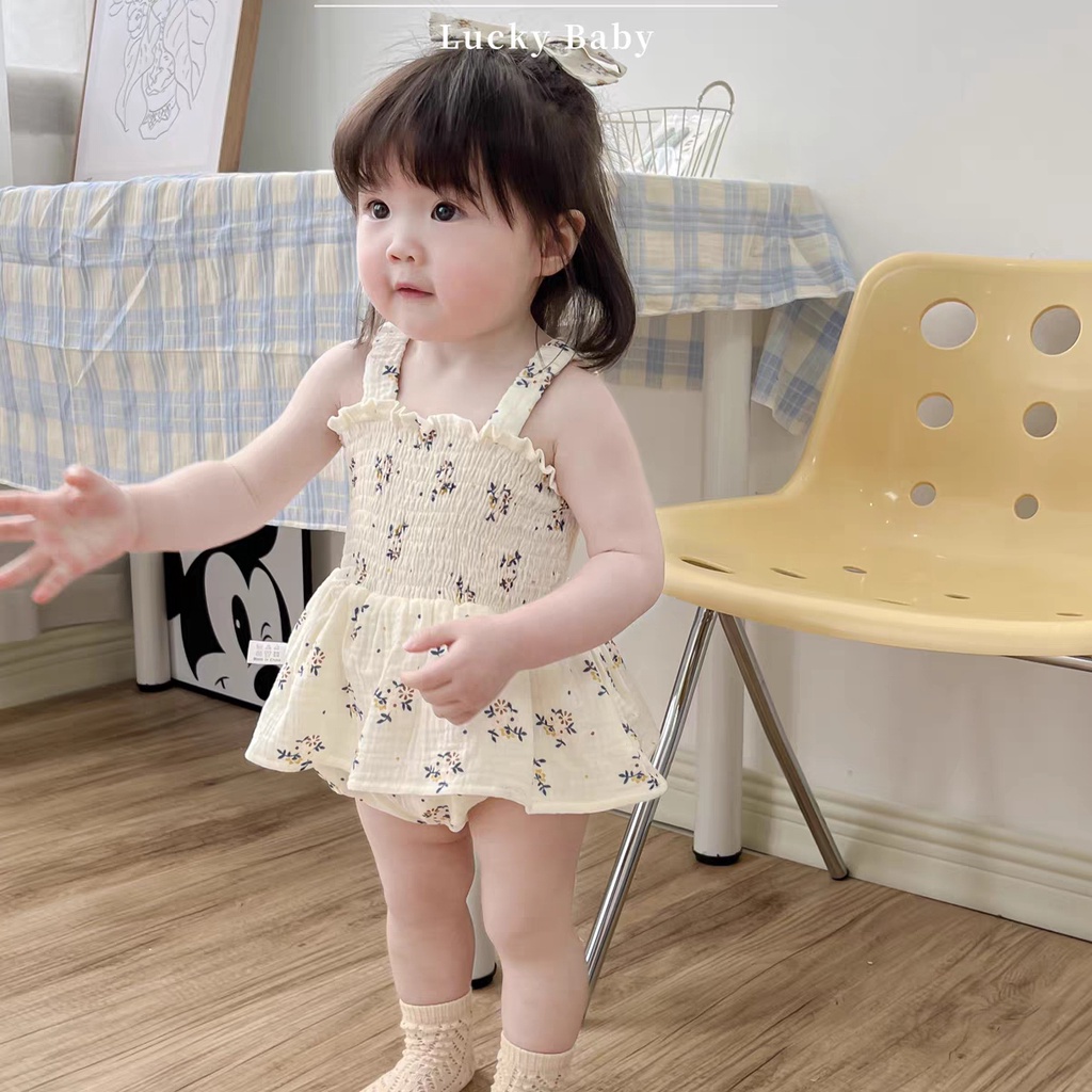 Bộ Áo Liền Quần Không Tay Kèm Mũ In Hoa Thời Trang Mùa Hè Cho Bé Gái 0-24 Tháng Tuổi