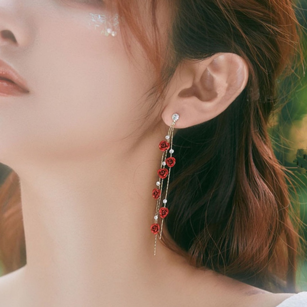 1 Đôi Bông Tai Dài Hình Hoa Hồng Đính Đá Lấp Lánh Dành Cho Nữ