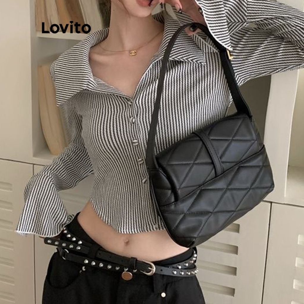 Áo Lovito xếp nếp kẻ sọc kiểu dáng đơn giản cho nữ LNA11138 (màu trắng đen)