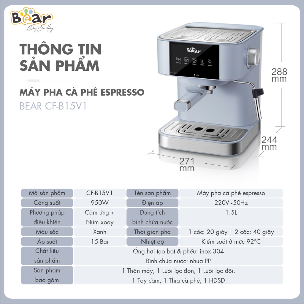 Máy Pha Cà Phê Bear Tự Động BEAR CF-B15V1  Pha Espresso Phù Hợp Với Gia Đình, Công Ty - Hàng Chính Hãng